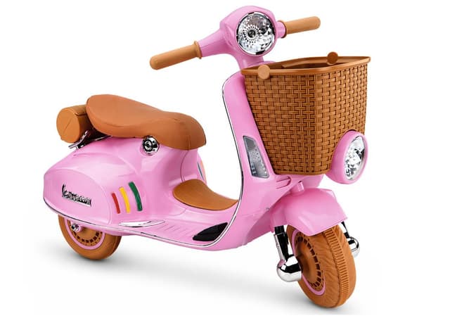 Scooter electric pentru copii Vespa XW-03 Pink, design Retro autentic si elegant, scaun piele, motor 2 x 35W, acumulator 12V 4.5Ah, faruri LED, panou audio integrat cu USB, MP3, 83 x 40 x 62 cm