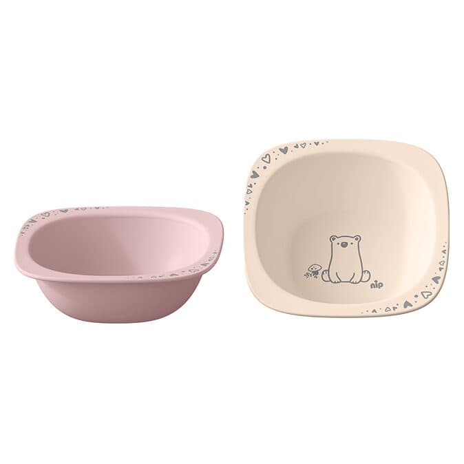 Set 2 castroane pentru mancarea copiilor cu motive gravate laser, din materiale naturale regenerabile, fara BPA, fara melamina, lavabile in masina de spalat vase, Made in Germany, 4+ luni, roz, nip
