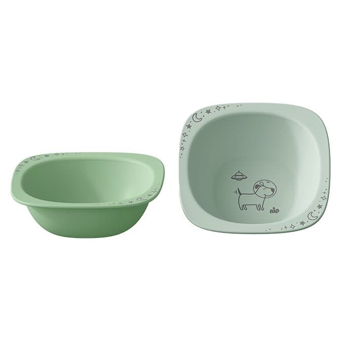Set 2 castroane pentru mancarea copiilor cu motive gravate laser, din materiale naturale regenerabile, fara BPA, fara melamina, lavabile in masina de spalat vase, Made in Germany, 4+ luni, verde, nip