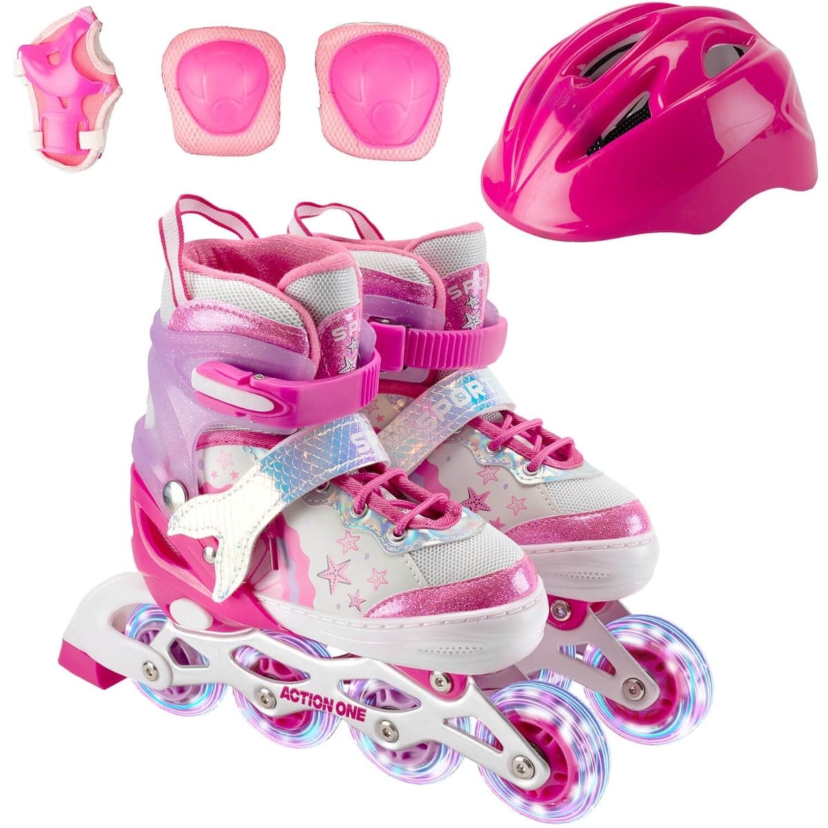 Set role Action One, Little Mermaid, cu casca, protectii, geanta transport, roti luminoase, M (35-38), Roz