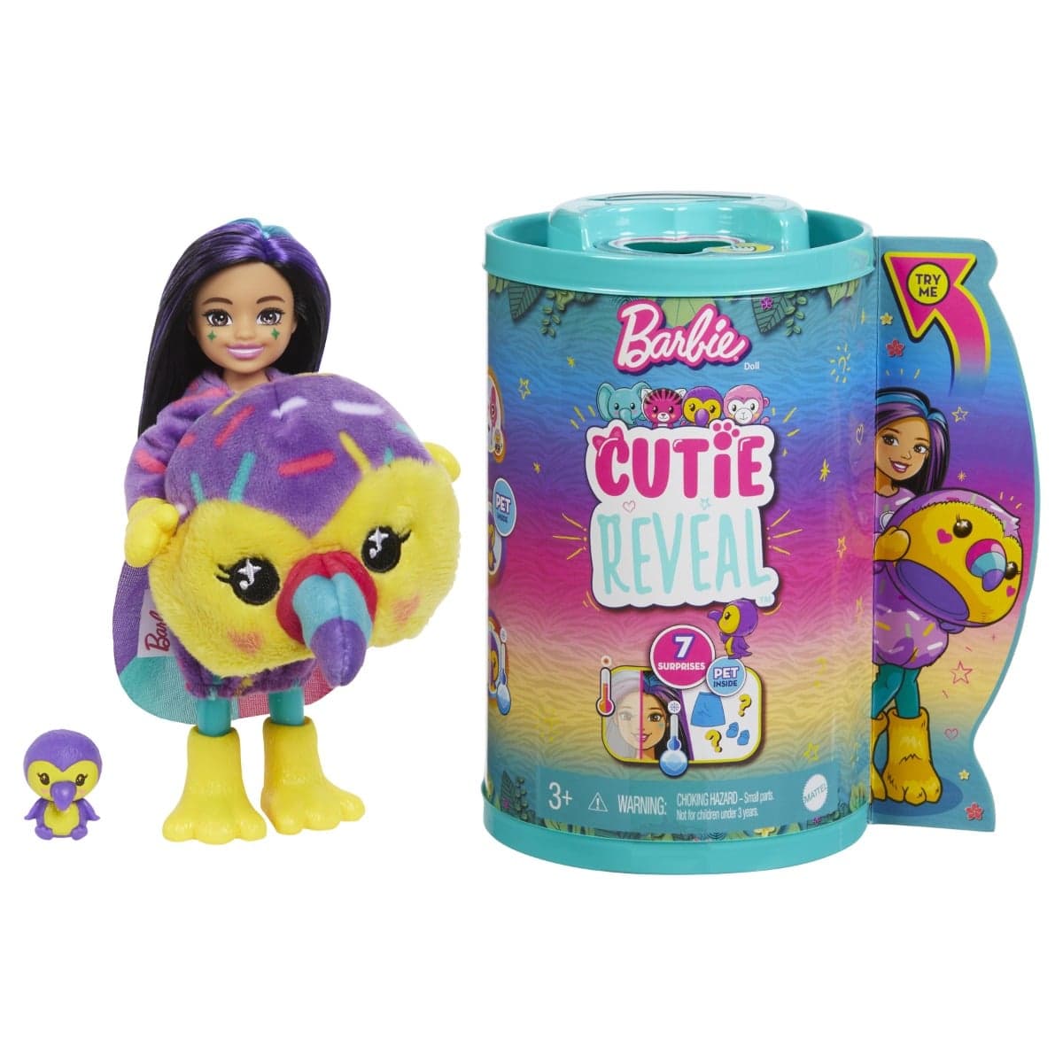 Papusa Chelsea, Barbie, Cutie Reveal, Papagal Tucan, 7 surprize, HKR16