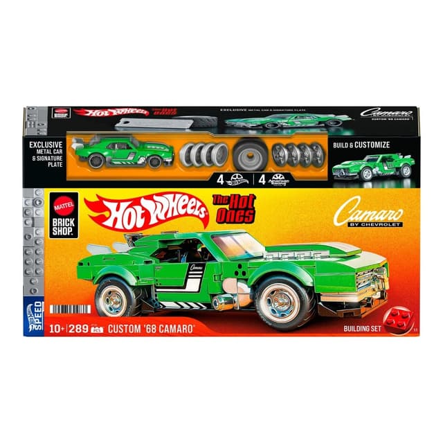 Set de constructie si masina metalica, Brick Shop, Hot Wheels, 68 Chevrolet Camaro, 289 piese, JFT16