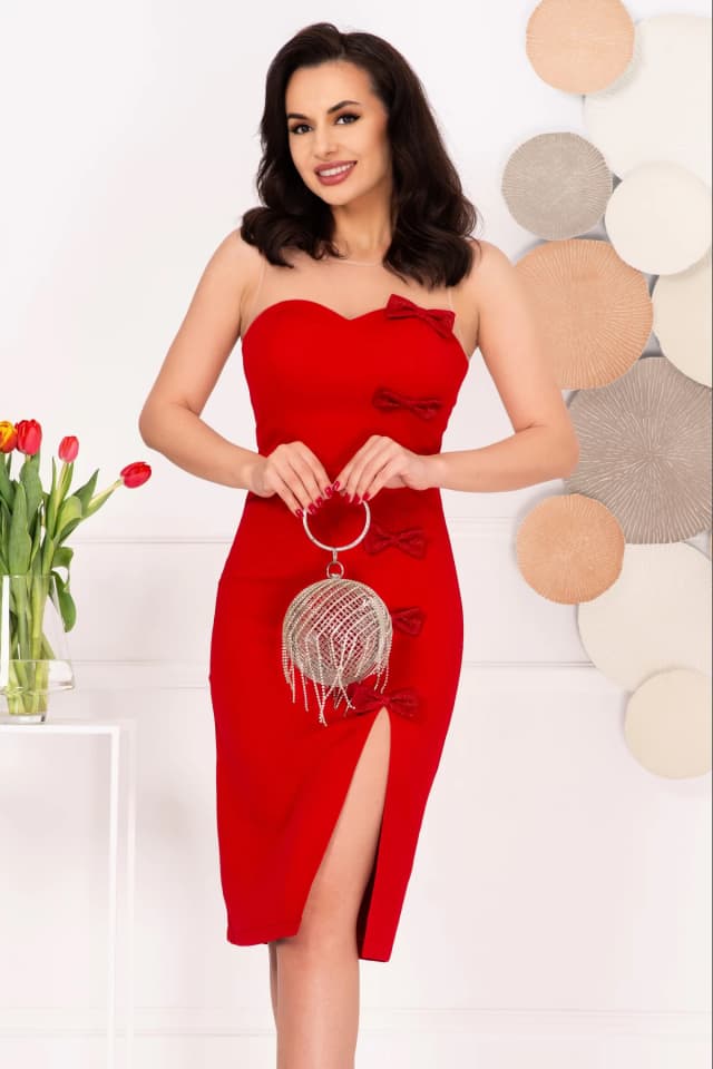 Rochie eleganta rosie midi June cu fundite decorative