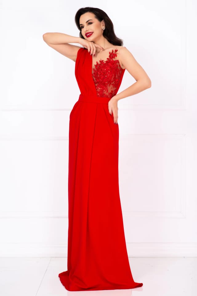 Rochie lunga de seara Gilda rosie cu fronseuri si bust brodat