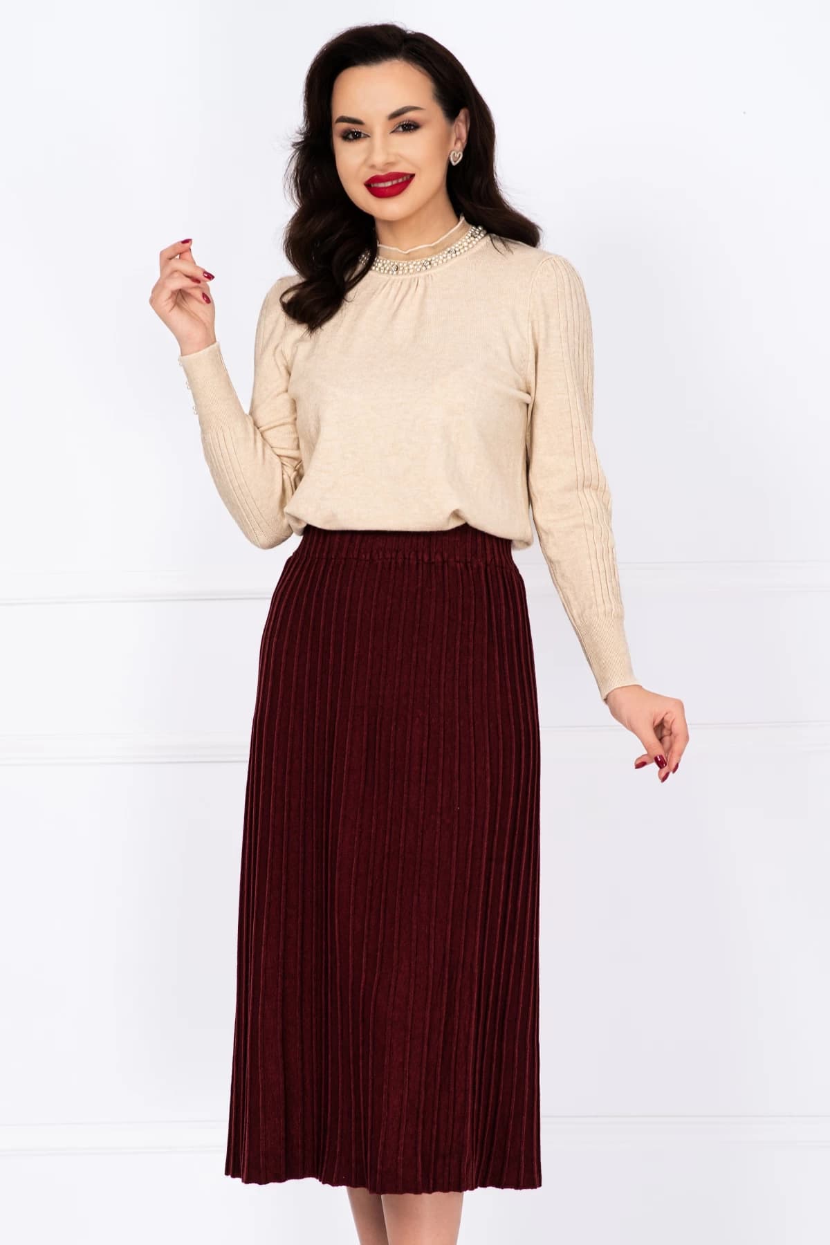Fusta midi grena din tricot cu talie elastica