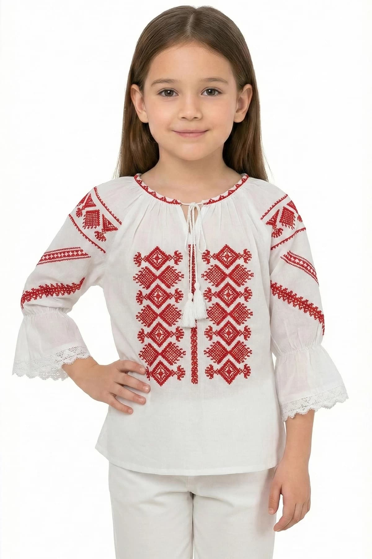 Ie fetita alba Daiana din bumbac cu broderie in simbolul rombului