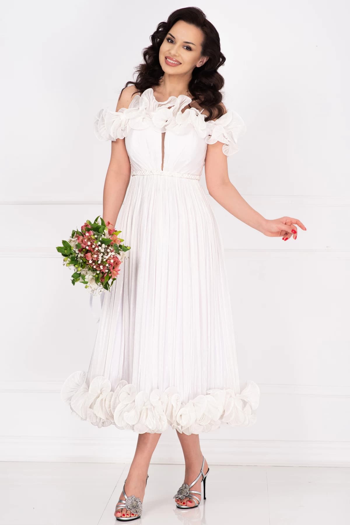 Rochie de cununie midi din organza alba Rosalyn cu volane romantice