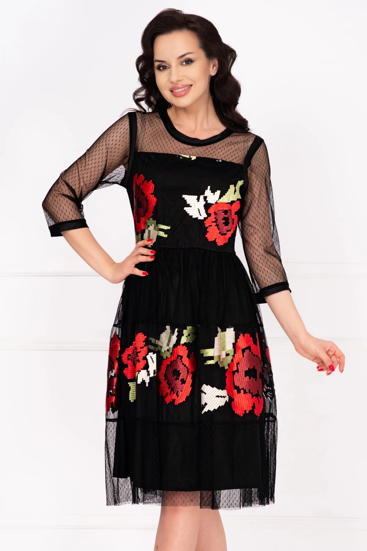 Rochie de ocazie neagra midi Andrada cu broderie florala